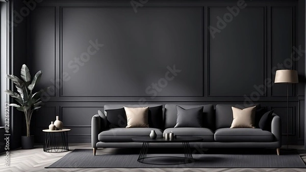 Fototapeta Living room in gray and black, Minimalist design with blank empty dark interior, graphite modern sofa, herringbone beige accent, 3D render