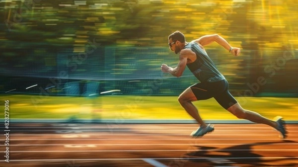 Fototapeta Healthy Lifestyle Man Running on Track in Front of Green Field with Sun in Background