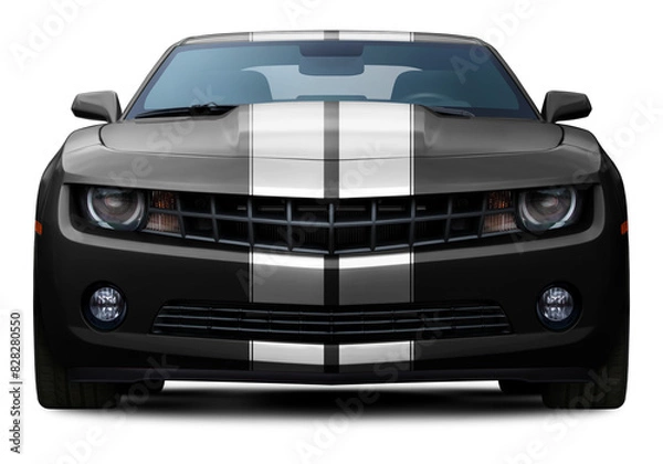 Fototapeta Powerful American black muscle car front view. With white stripes in the center. Isolated on a transparent background in PNG format.