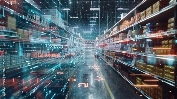 Fototapeta Futuristic Technology Retail Warehouse: Digitalization and Visualization of Industry 4.0 Process that Analyzes Goods. Generative Ai