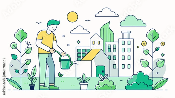 Fototapeta  A minimalist line art design of a person watering a thriving community garden. vector illustration
