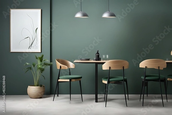 Fototapeta Dining room with green and wood tones, Modern minimalist restaurant or coffeehouse interior, large space cafe mockup for menu template, hotel or eatery area, 3D render