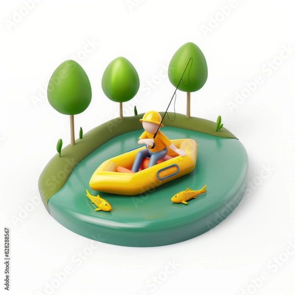 Fototapeta fisherman on an inflatable boat catches fish
 icon in 3D style on a white background
