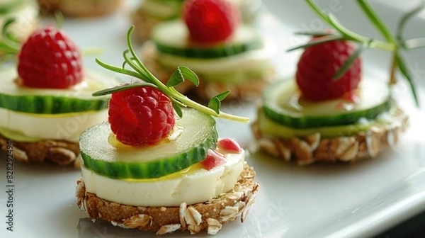 Fototapeta Canape with Raspberry Cheese and Cucumber