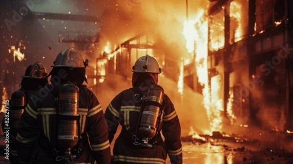 Obraz A group of firefighters helped stop the fire. Fire in the Industrial Factory . Rescue ,Teamwork concept
