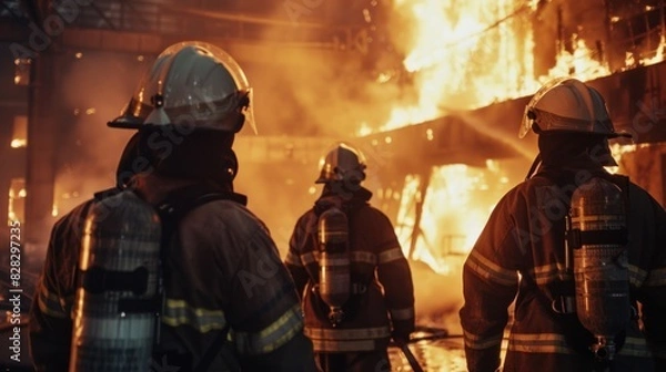 Fototapeta A group of firefighters helped stop the fire. Fire in the Industrial Factory . Rescue ,Teamwork concept