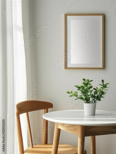 Obraz Frame mockup, modern home interior with tea table and chairs, wall poster frame, 3D render