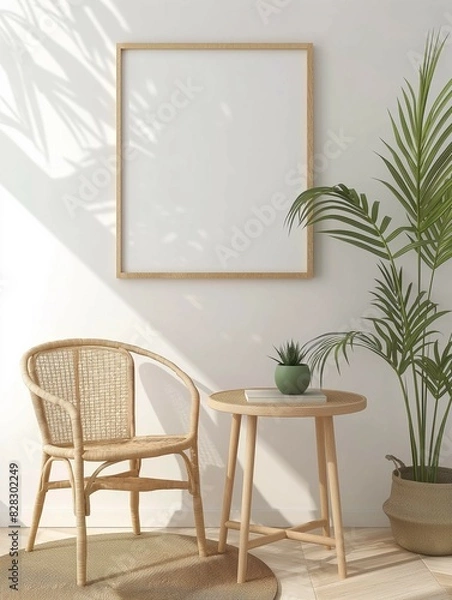 Fototapeta Frame mockup, modern home interior with tea table and chairs, wall poster frame, 3D render