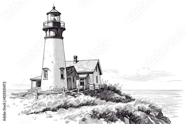 Obraz lighthouse sketch, black and white illustration in pencil hand drawn style.