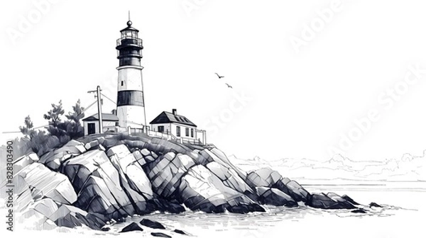 Obraz lighthouse sketch, black and white illustration in lithograph style.