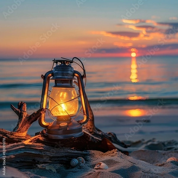 Fototapeta "Sunset Scene with Lighthouse on Beach"