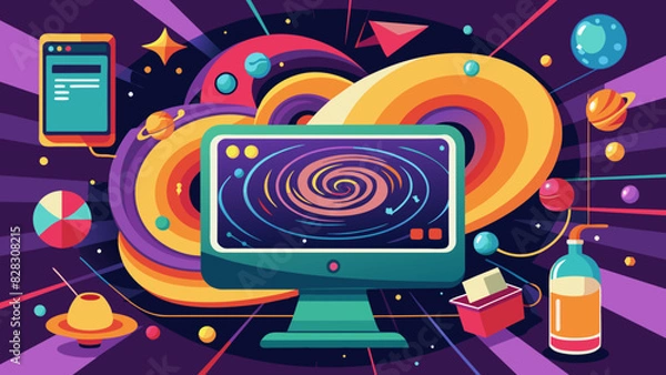 Fototapeta A retro-inspired design of a computer monitor with a swirling vortex representing the metaverse.
