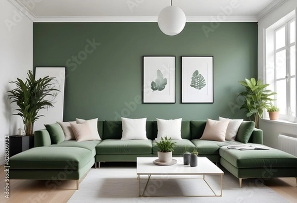 Fototapeta Mockup poster frame on the wall of the living room. Luxurious apartment background with contemporary design. Modern interior design.3D illustration, 3D render 