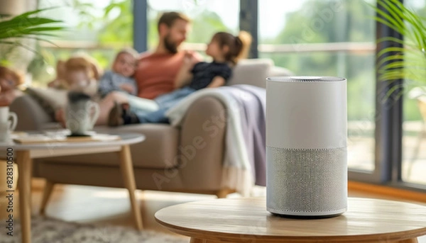 Fototapeta Modern living room with an air purifier in the foreground and a happy family in the background, enjoying a comfortable and clean environment.