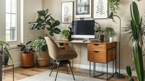 Fototapeta Contemporary Creative Workspace with Stylish Desk, Tech, and Wall Art in Modern Home Office Setting