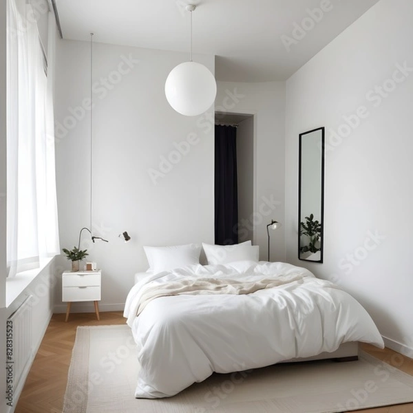 Fototapeta Frame mockup, single vertical ISO A paper size, reflective glass, mockup poster on the wall of bedroom. Interior mockup. Apartment background. Modern interior design. 3D illustration, 3D render