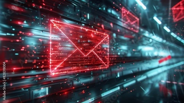 Fototapeta A red envelope icon emerging from a metallic, futuristic digital background Closeup