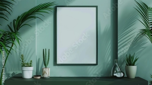 Fototapeta Empty Mockup Picture Frame on Green Wall with Indoor Plants and a Bamboo Chair