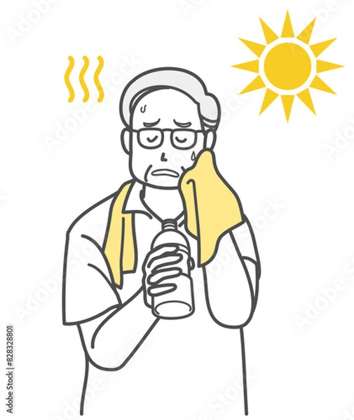 Fototapeta 熱中症で水分補給するシニア男性のイラスト