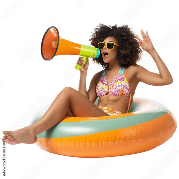 Fototapeta Curly haired woman relaxing in swimming pool while holding megaphone, white background