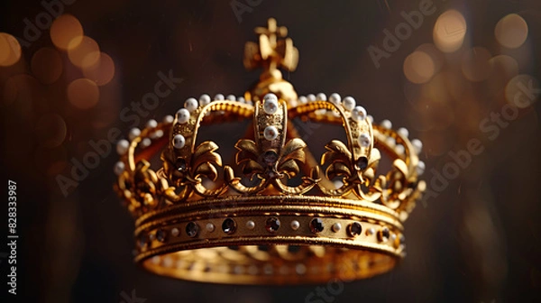 Fototapeta A captivating visual of a 3D golden crown suspended in space against a clean, isolated background, exuding regal elegance and opulence