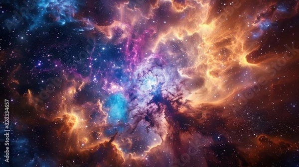 Fototapeta Nebulae and galaxies swirl in the vast expanse of space, creating a mesmerizing abstract cosmos background.