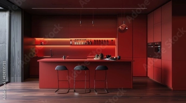 Fototapeta Sleek red kitchen featuring matte red cabinetry, dark walnut wooden flooring, and minimalist bar stools