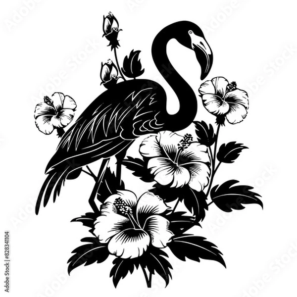 Fototapeta Floral Flamingo Line Art Illustration, Black and white line art illustration of a flamingo surrounded by flowers, ideal for artistic designs, prints, and nature-themed projects.