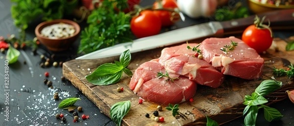 Obraz Fresh raw meat slices with herbs, tomatoes, and spices on a rustic wooden cutting board, ready for cooking. Perfect for culinary and food photography.