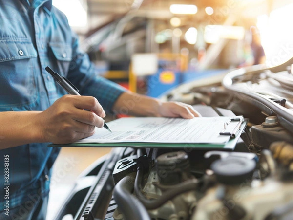 Fototapeta Closeup of a car repairman writing a job checklist on a clipboard, standing in front of an open car engine.
