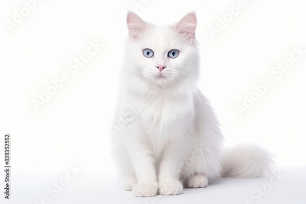 Fototapeta Large, beautiful white fluffy cat on a white background. Isolated