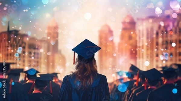 Fototapeta University graduation, close up, focus on, copy space, vibrant colors, Double exposure silhouette with caps