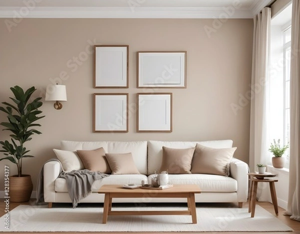Fototapeta Frame mockup, single vertical ISO A paper size, reflective glass, mockup poster on the wall of the bedroom. Interior mockup. Apartment background. Modern interior design. 3D illustration, 3D render