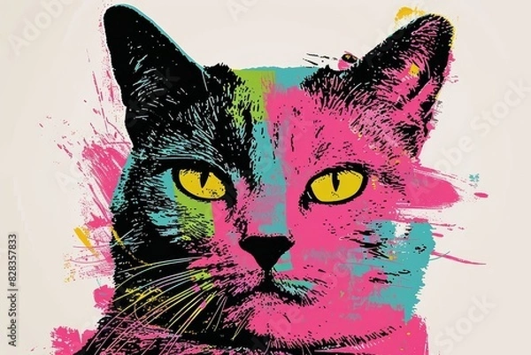 Obraz Colorful pop art-style cat illustration with vibrant splashes of pink, green, and blue, creating a dynamic, eye-catching visual effect.