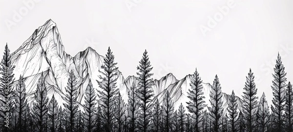 Fototapeta Black and White Landscape with Silhouetted Trees and Mountain Peaks