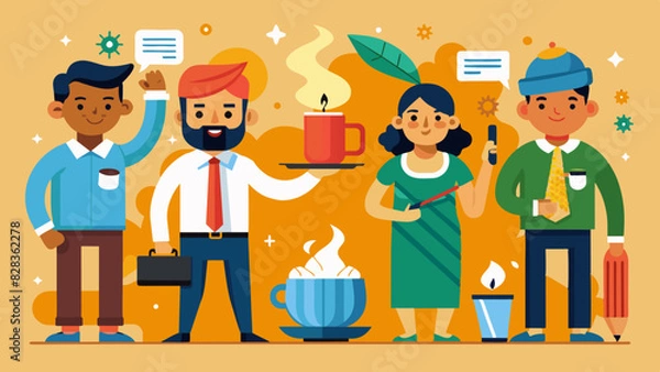 Fototapeta A playful set of icons representing office life in India, including chai breaks and team huddles.
