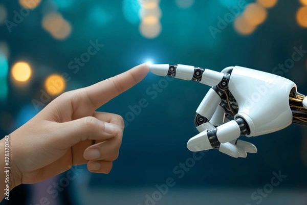 Obraz Human hand touching a robotic finger against a blurred background, symbolizing technology and human interaction in the digital age.