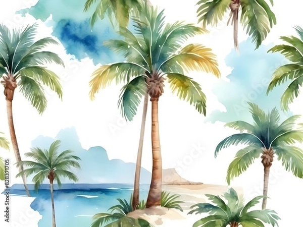 Fototapeta palm tree on the beach Watercolour Background generative Ai 