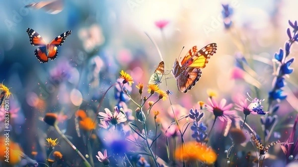 Fototapeta A vibrant meadow bursting with colorful wildflowers, butterflies flutter amidst the blooms in a scene of summer beauty.