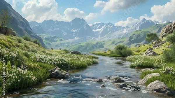 Fototapeta A tranquil stream winds through a lush valley, surrounded by towering snow-capped mountains under a bright blue sky.