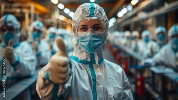 Fototapeta Portrait full body of factory worker in protective equipment holding thumbs up in production hall