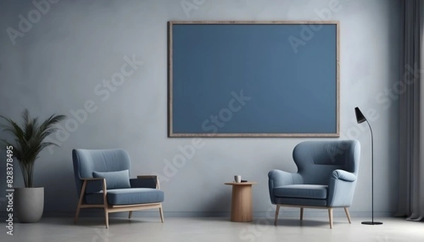Fototapeta Big poster frame mockup in minimalistic interior with blue armchair and gray plaster wall, 3d render