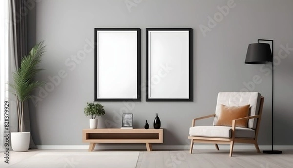 Obraz Empty picture frame mock up in modern room interior with armchair and console