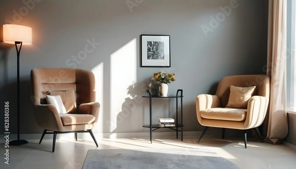 Obraz Modern room interior with big armchair and console table with decor near wall with sunlight