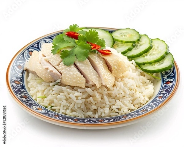 Fototapeta Delicious Serving of Thai Hainanese Chicken Rice with Cucumber Slices and Spicy Sauce - Generative AI