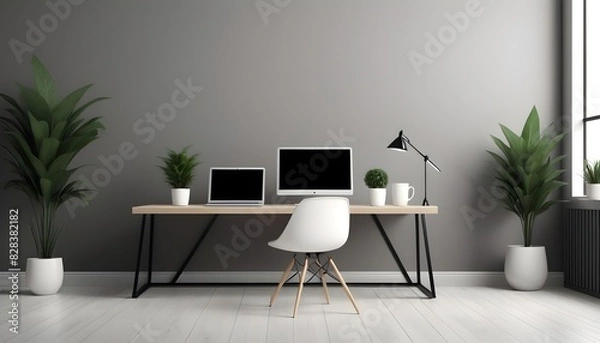 Fototapeta Mockup, modern office interior background with laptop, 3d render