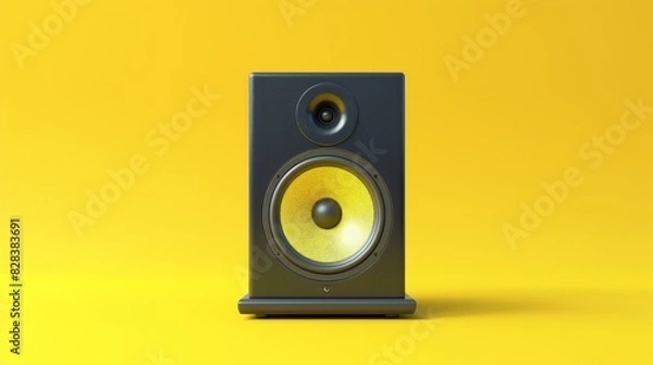 Fototapeta One powerful music speaker on a smooth yellow background in the very center of the composition.