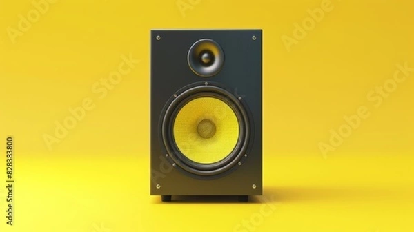 Fototapeta One powerful music speaker on a smooth yellow background in the very center of the composition.