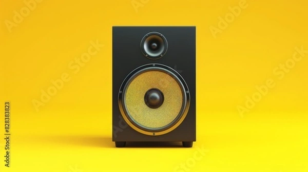 Fototapeta One powerful music speaker on a smooth yellow background in the very center of the composition.