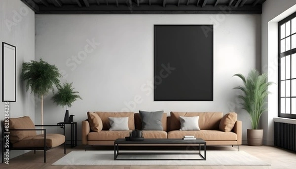 Fototapeta Big black poster frame mockup in loft living room interior, 3d rendering